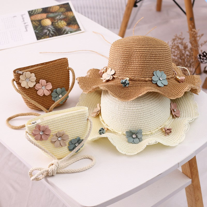Girls Straw Hat and Shoulder Bag Set for Summer Beach Travel Outdoor Play, Khaki