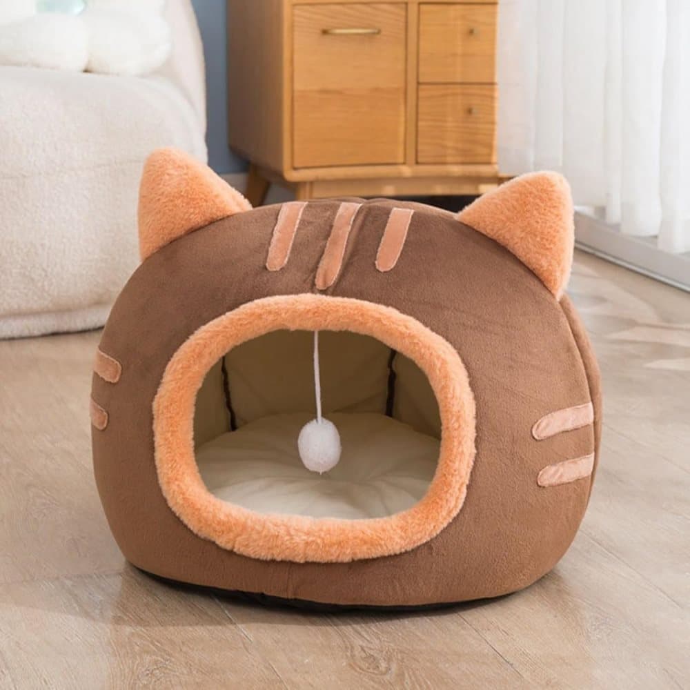 Fluffy Dog Bed Cat Bed Winter Pet House Anti-Slip, M, Brown Gray Pink
