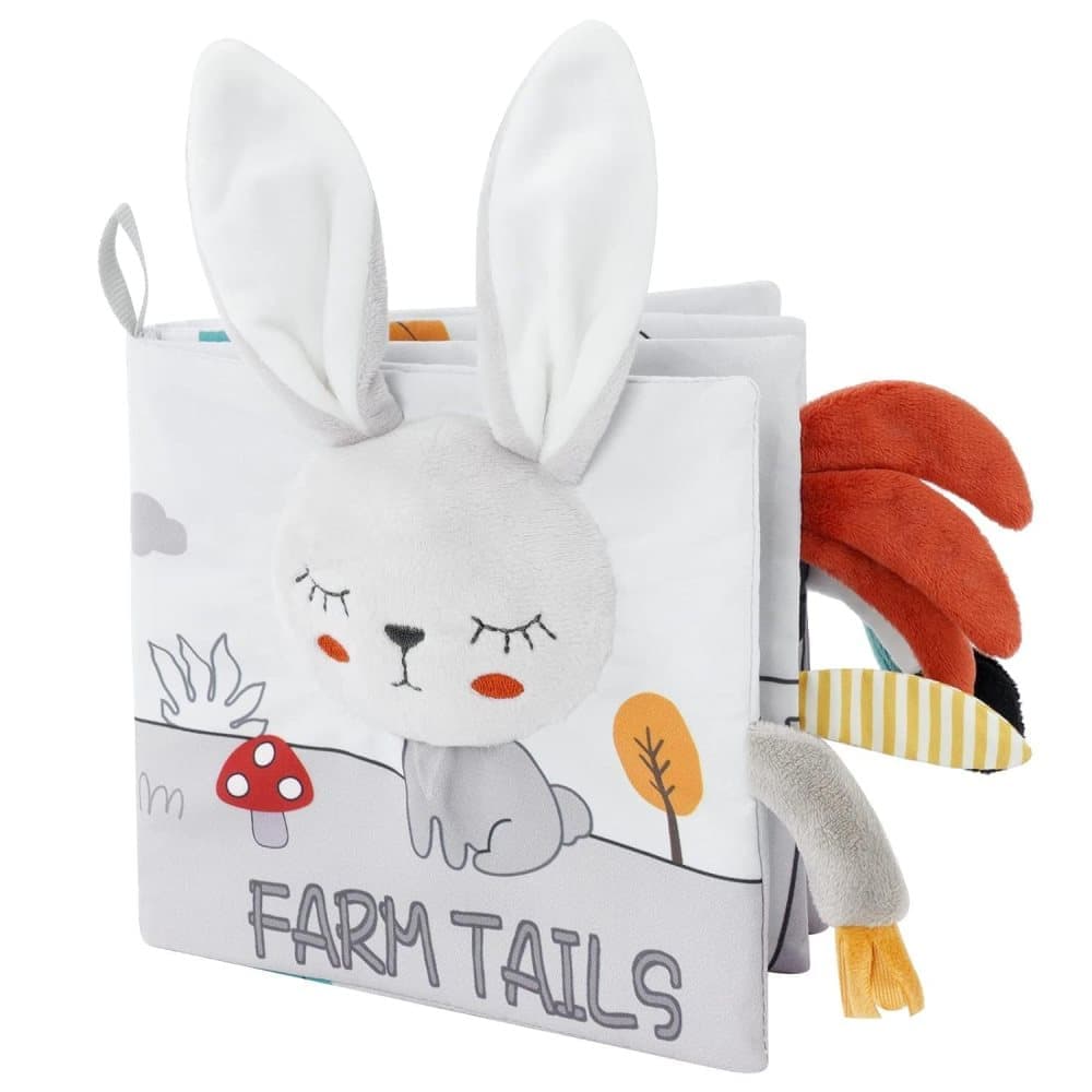 Baby Activity Cloth Book, Soft Learning Sensory Toy with Animal Motifs for Infants, Grey and White, SZ1
