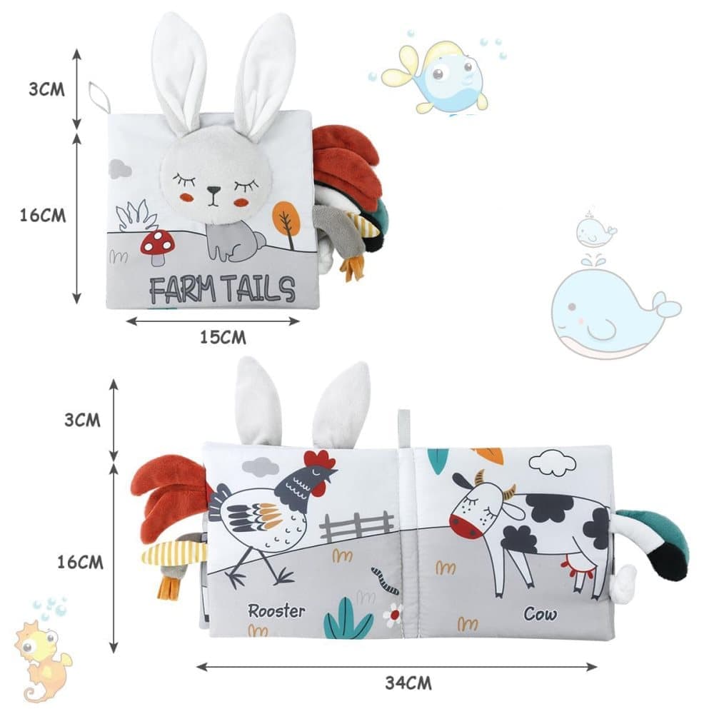 Baby Activity Cloth Book, Soft Learning Sensory Toy with Animal Motifs for Infants, Grey and White, SZ1