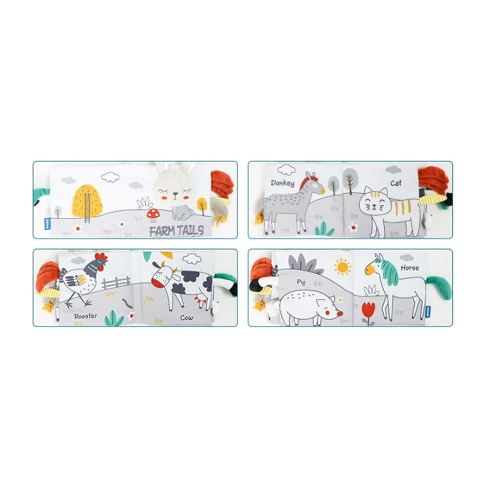 Baby Activity Cloth Book, Soft Learning Sensory Toy with Animal Motifs for Infants, Grey and White, SZ1