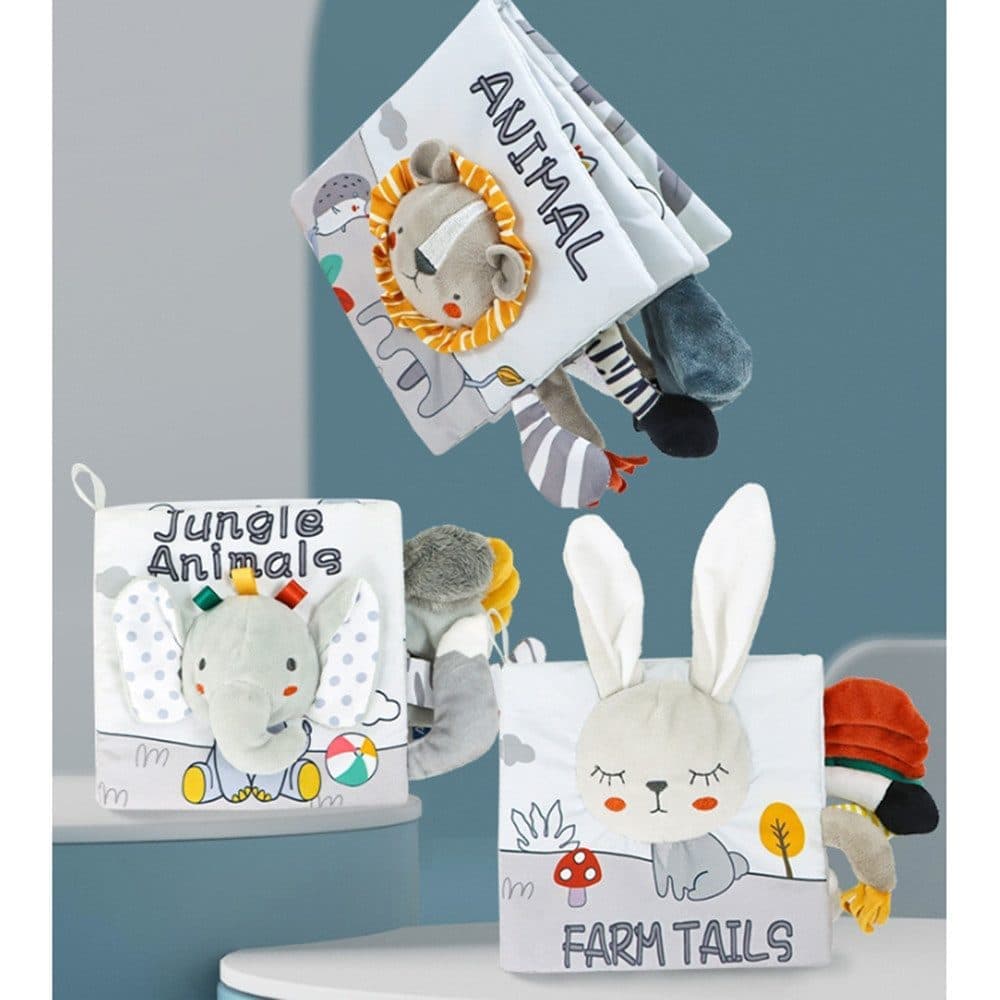 Baby Activity Cloth Book, Soft Learning Sensory Toy with Animal Motifs for Infants, Grey and White, SZ1