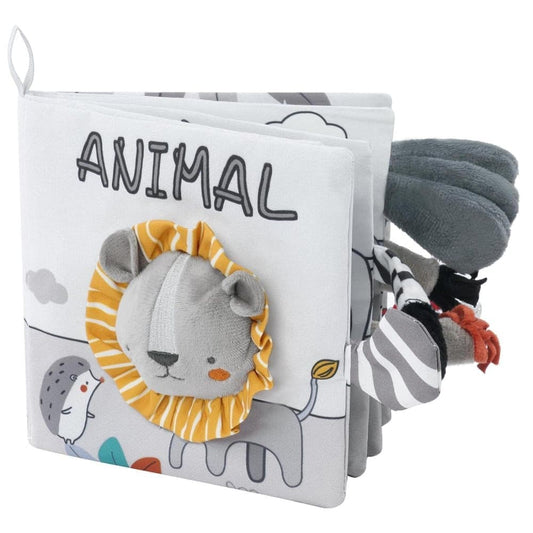 Grey and White Baby Activity Cloth Book, Soft Sensory Learning Toy with Animal Motifs for Infants, SZ2