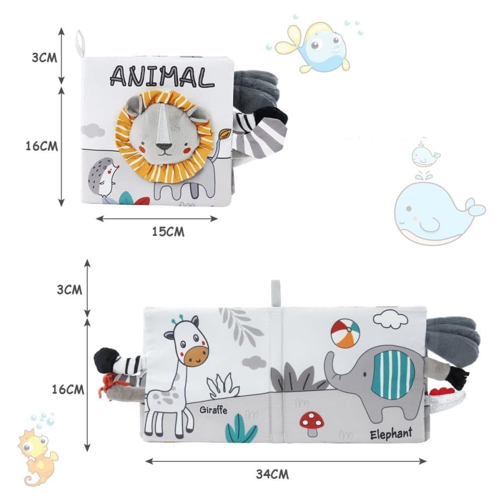 Grey and White Baby Activity Cloth Book, Soft Sensory Learning Toy with Animal Motifs for Infants, SZ2