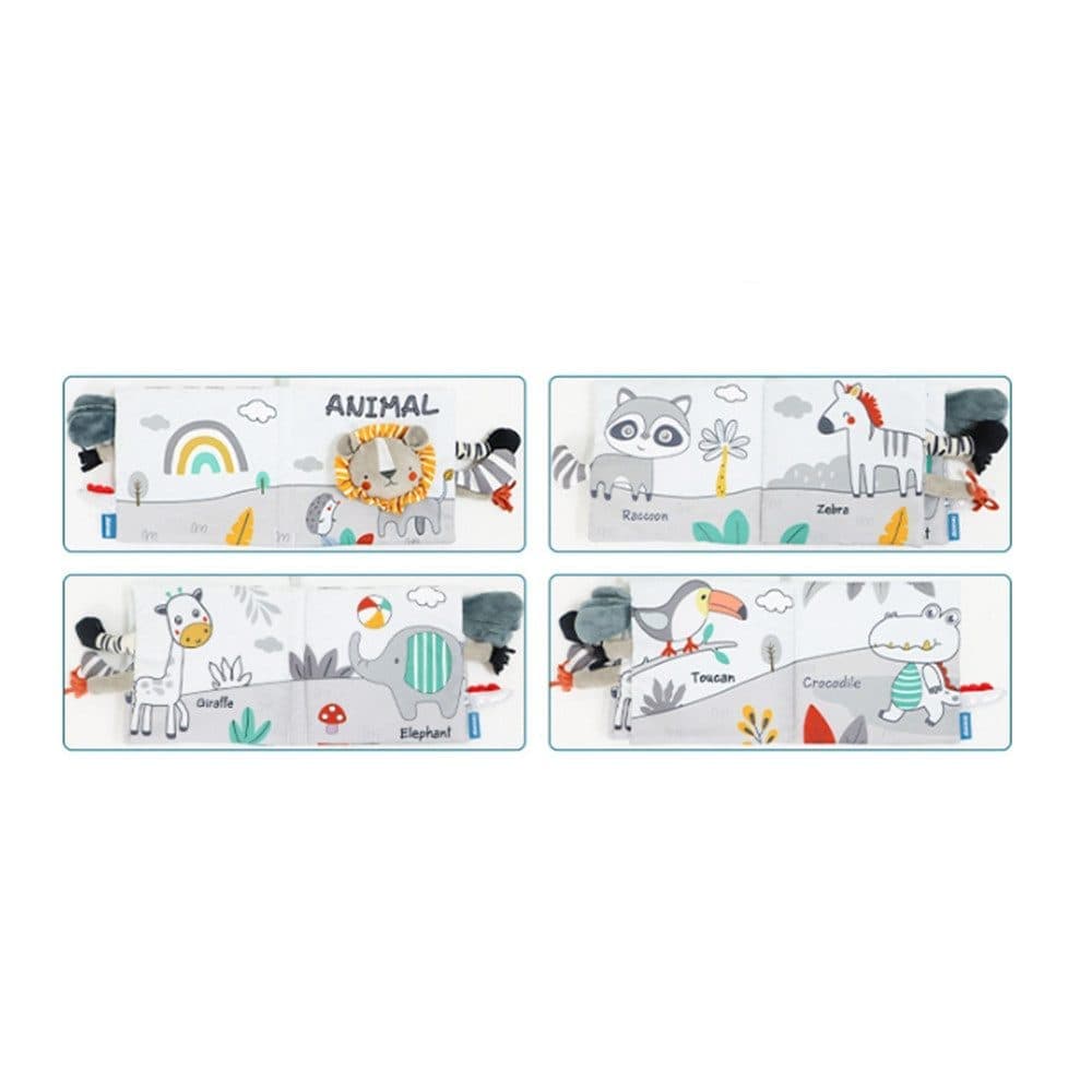 Grey and White Baby Activity Cloth Book, Soft Sensory Learning Toy with Animal Motifs for Infants, SZ2