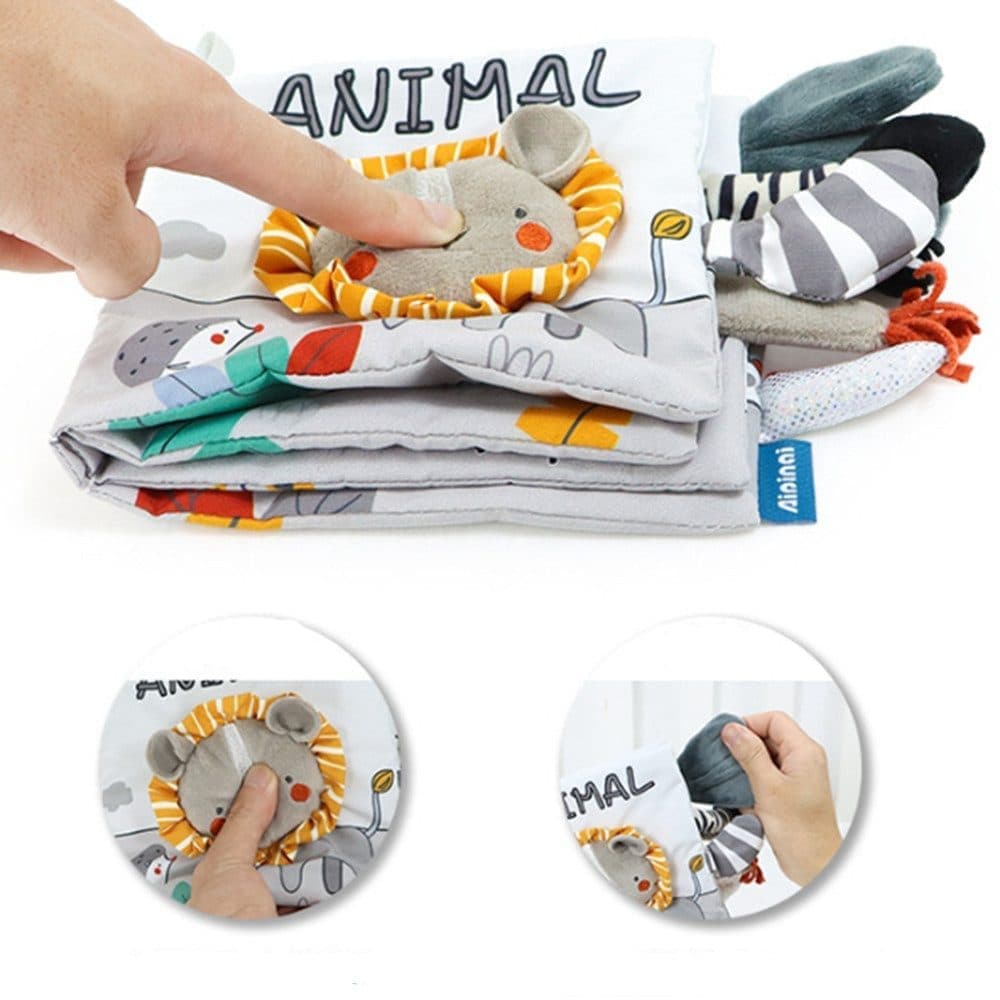 Grey and White Baby Activity Cloth Book, Soft Sensory Learning Toy with Animal Motifs for Infants, SZ2