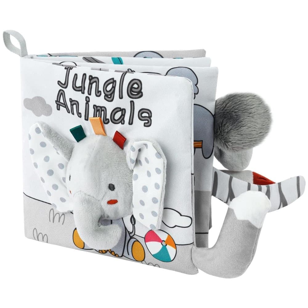 1 Baby Cloth Book, Soft Sensory Learning Toy for Infants with Animal Motifs, Grey and White, SZ3