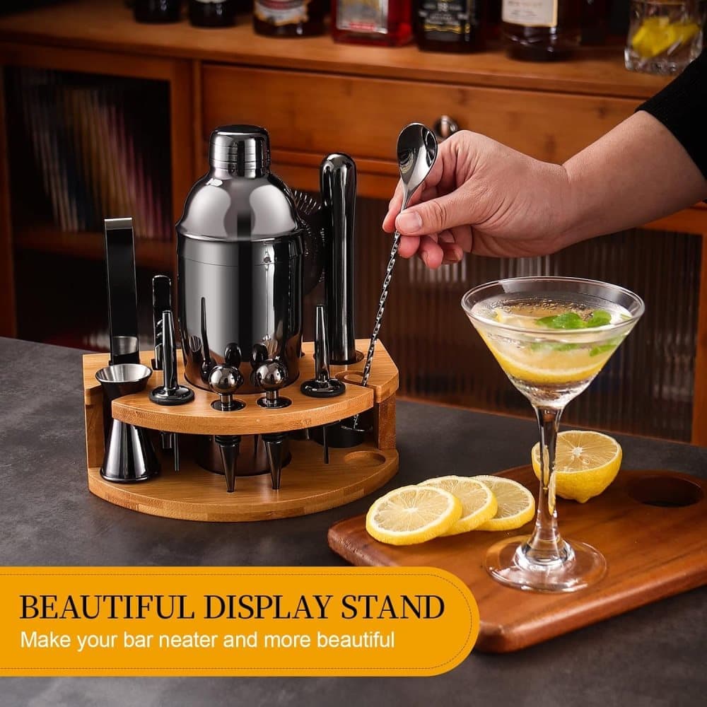12-Piece Stainless Steel Cocktail Set with Bamboo Stand, Black, for Bar and Home Use, Perfect Gift