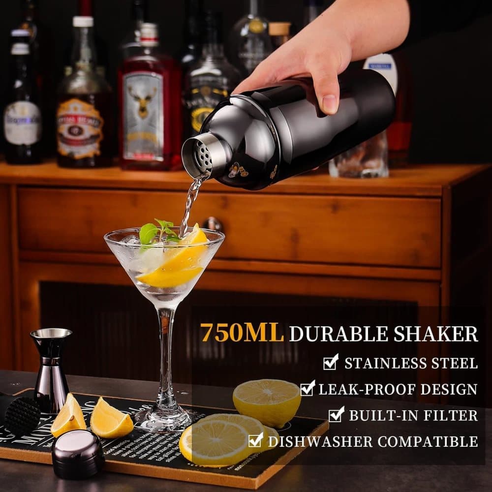 12-Piece Stainless Steel Cocktail Set with Bamboo Stand, Black, for Bar and Home Use, Perfect Gift