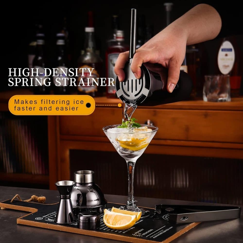 12-Piece Stainless Steel Cocktail Set with Bamboo Stand, Black, for Bar and Home Use, Perfect Gift