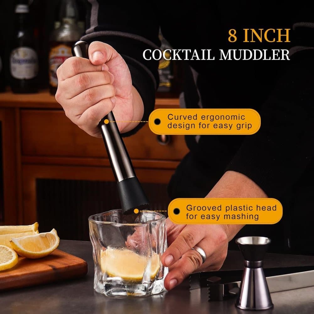 12-Piece Stainless Steel Cocktail Set with Bamboo Stand, Black, for Bar and Home Use, Perfect Gift