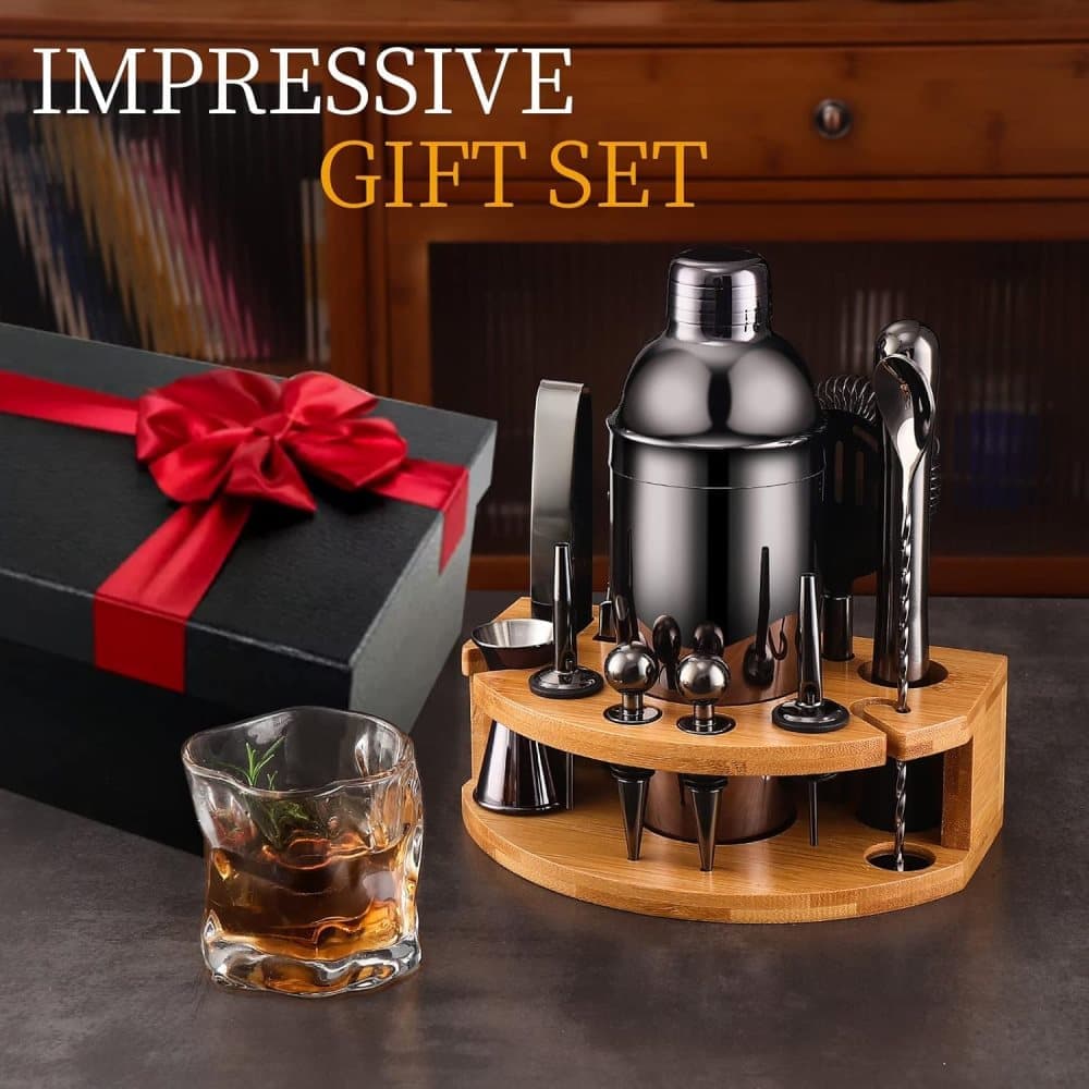 12-Piece Stainless Steel Cocktail Set with Bamboo Stand, Black, for Bar and Home Use, Perfect Gift