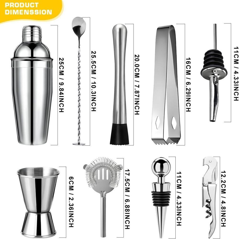 12-Piece Stainless Steel Cocktail Set with Bamboo Stand, Black, for Bar and Home Use, Perfect Gift