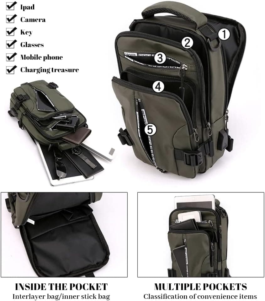Men's Water Resistant Shoulder Bag with USB Charging Port, Cross Body Bag for Men and Women, Black