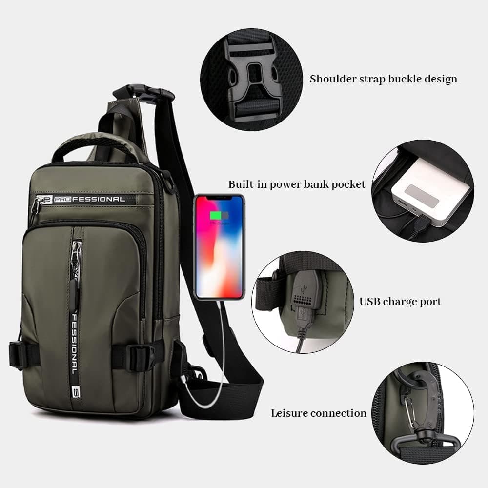 Men's Water Resistant Shoulder Bag with USB Charging Port, Cross Body Bag for Men and Women, Black