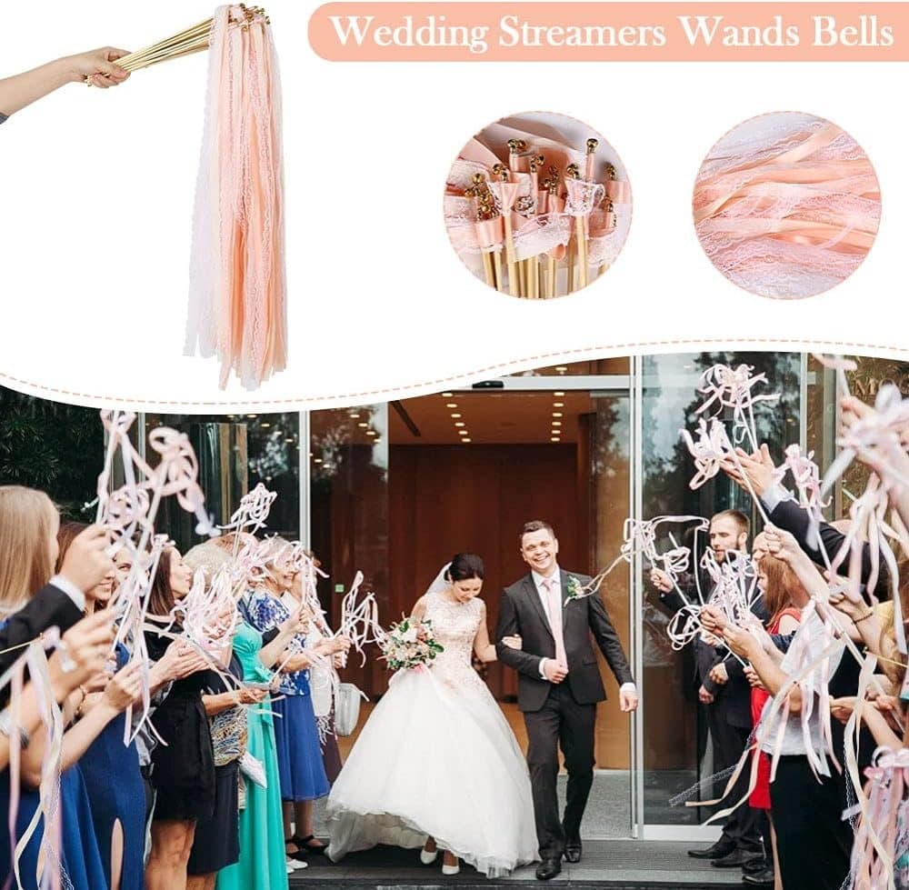 30 Pack Pink Satin & Lace Ribbon Wands for Wedding Party Decor, 30cm