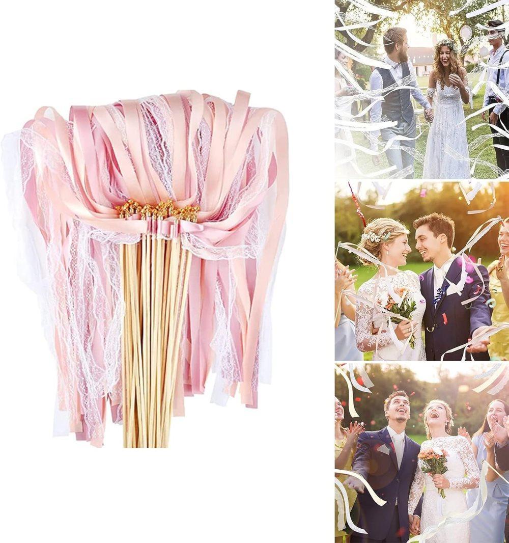 30 Pack Pink Satin & Lace Ribbon Wands for Wedding Party Decor, 30cm