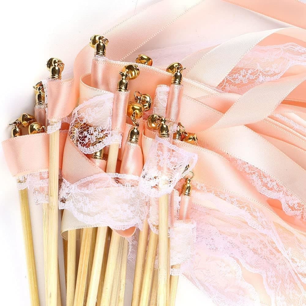 30 Pack Pink Satin & Lace Ribbon Wands for Wedding Party Decor, 30cm