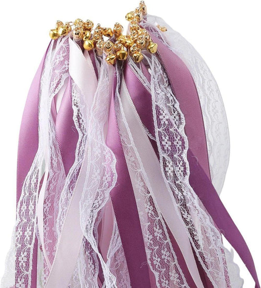 30 Pack Purple Satin & Lace Ribbon Wands with Bells for Wedding & Party Decor, 30cm