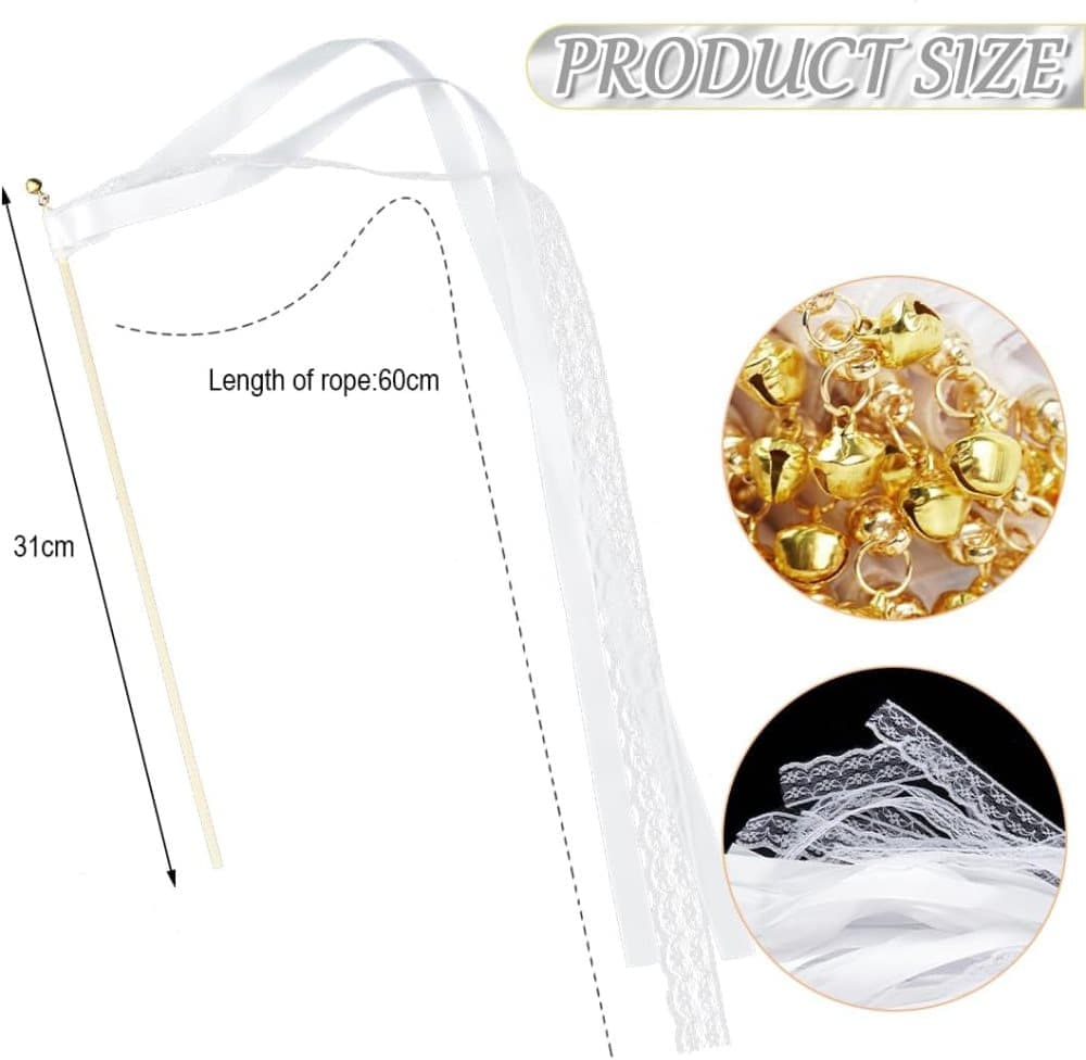 30 Pack Purple Satin & Lace Ribbon Wands with Bells for Wedding & Party Decor, 30cm