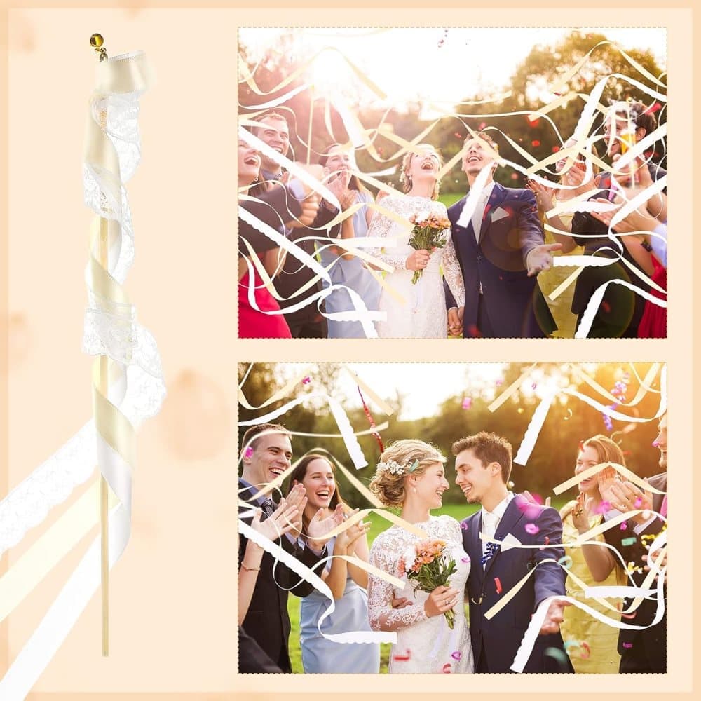 30 Pack Wedding & Party Decor Satin & Lace Ribbon Wands with Bells, 30cm Light Orange