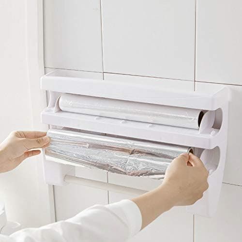 Foil cutter wall holder for plastic and aluminum foil, multifunctional kitchen paper holder, no drilling design, brown, 39x10x24cm