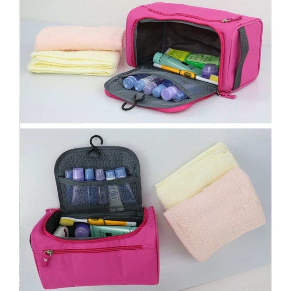 Waterproof makeup bag with 3 compartments and handle, hanging toiletry bag for men and women, red