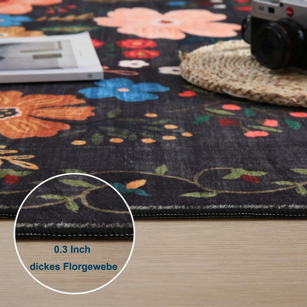 Bohemian Floral Doormat Non-slip Absorbent Dirt-Resistant Machine Washable for Bathroom Hallway and Kitchen, 60x90cm, Black