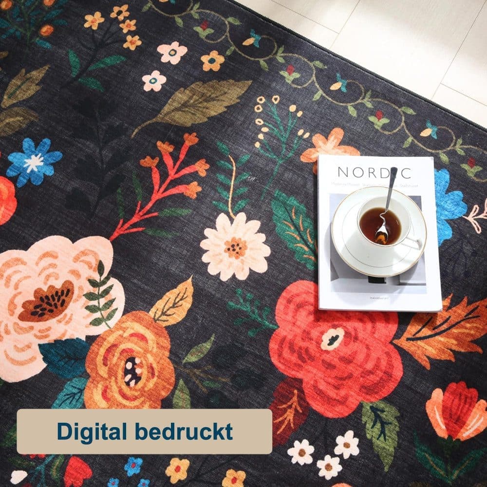 Bohemian Floral Doormat Non-slip Absorbent Dirt-Resistant Machine Washable for Bathroom Hallway and Kitchen, 60x90cm, Black