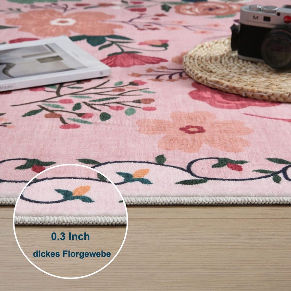 Bohemian Floral Doormat Non-slip Absorbent Dirt-Resistant Machine Washable for Bathroom Hallway and Kitchen, 60x90cm, Pink