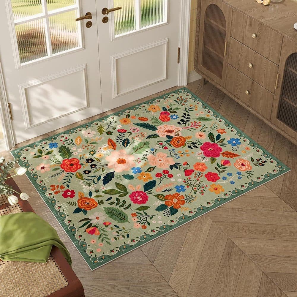 Bohemian Floral Doormat Non-slip Absorbent Dirt-Resistant Machine Washable for Bathroom Hallway and Kitchen, 60x90cm, Orange