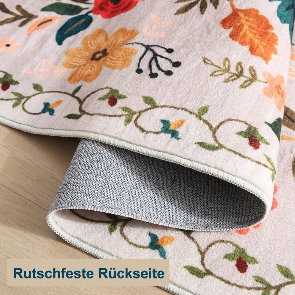 Bohemian Floral Doormat Non-slip Absorbent Dirt-Resistant Machine Washable, 60x90 cm, Beige