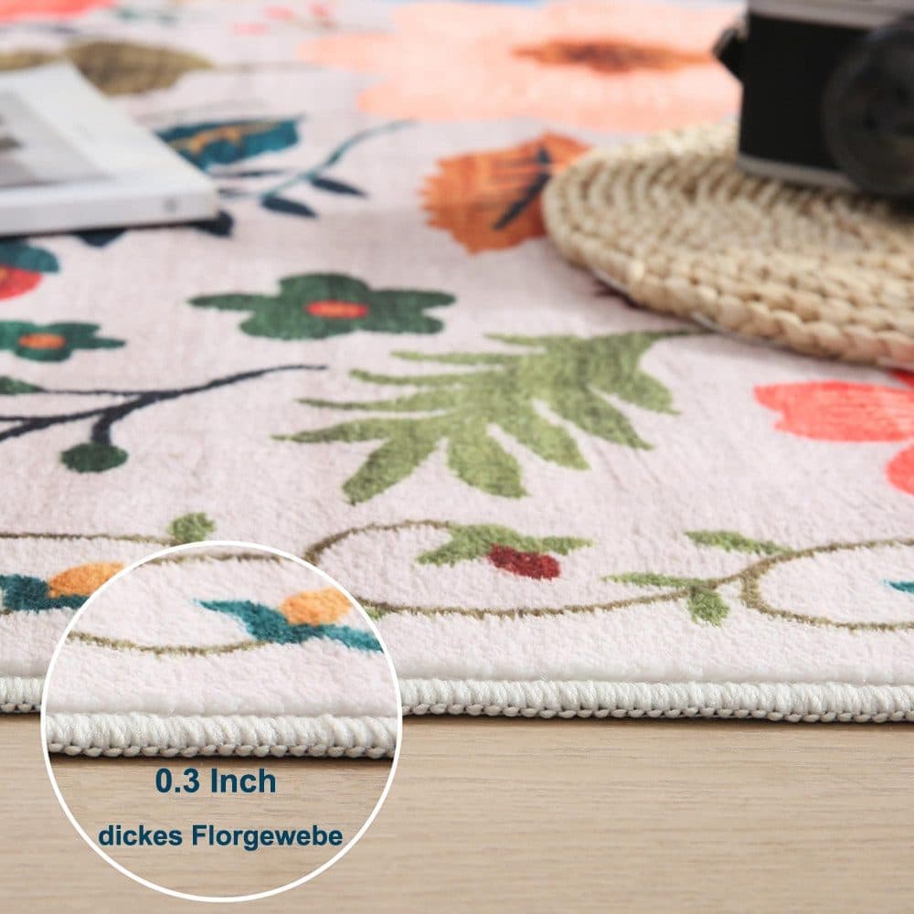 Bohemian Floral Doormat Non-slip Absorbent Dirt-Resistant Machine Washable, 60x90 cm, Beige