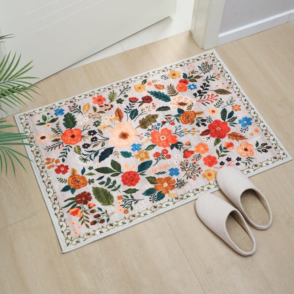 Bohemian Floral Doormat Non-slip Absorbent Dirt-Resistant Machine Washable, 60x90 cm, Beige