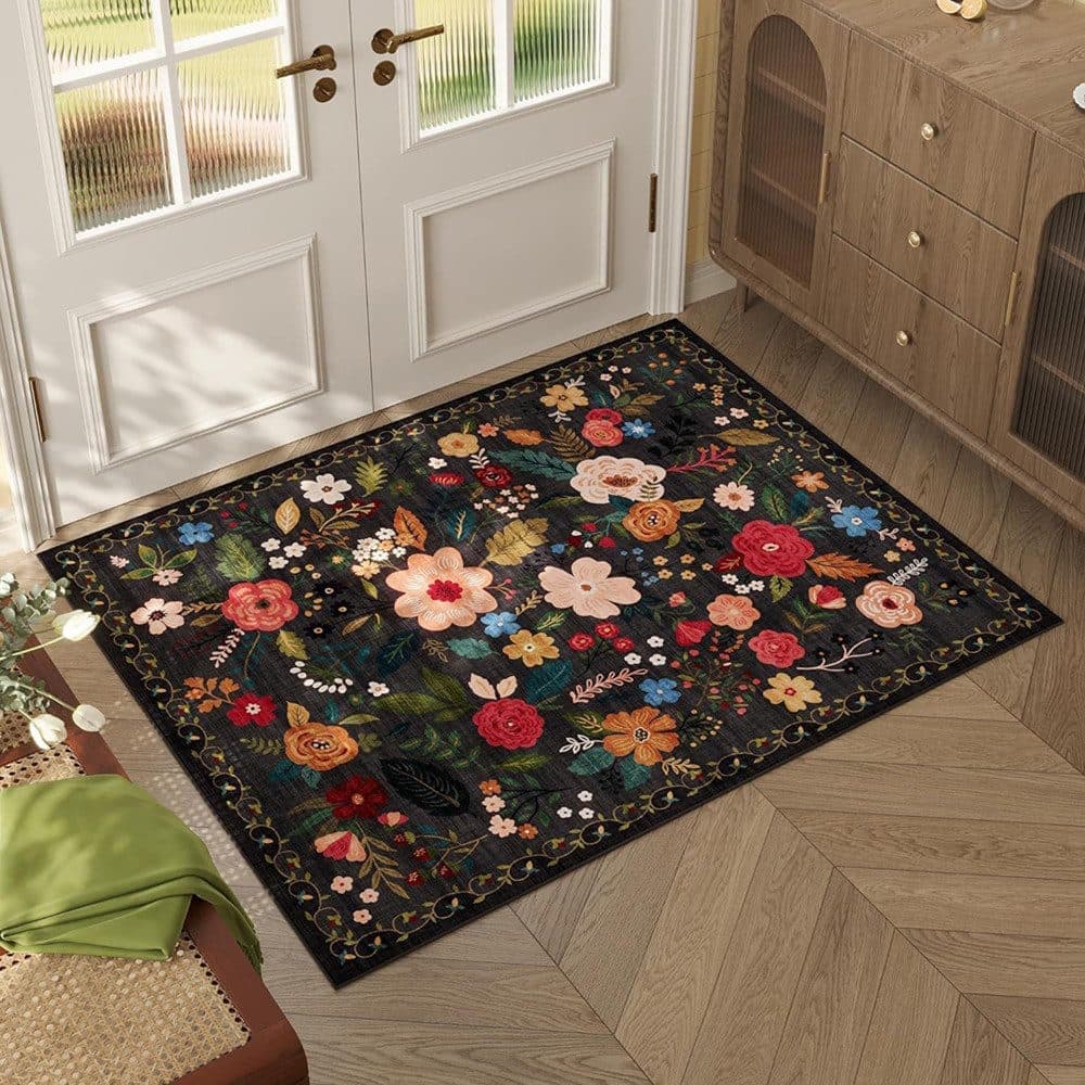 Bohemian Floral Doormat Non-slip Absorbent Dirt-Resistant Machine Washable for Bathroom Hallway and Kitchen, 40x60cm, Black