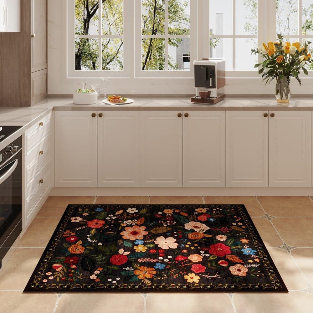 Bohemian Floral Doormat Non-slip Absorbent Dirt-Resistant Machine Washable for Bathroom Hallway and Kitchen, 40x60cm, Black