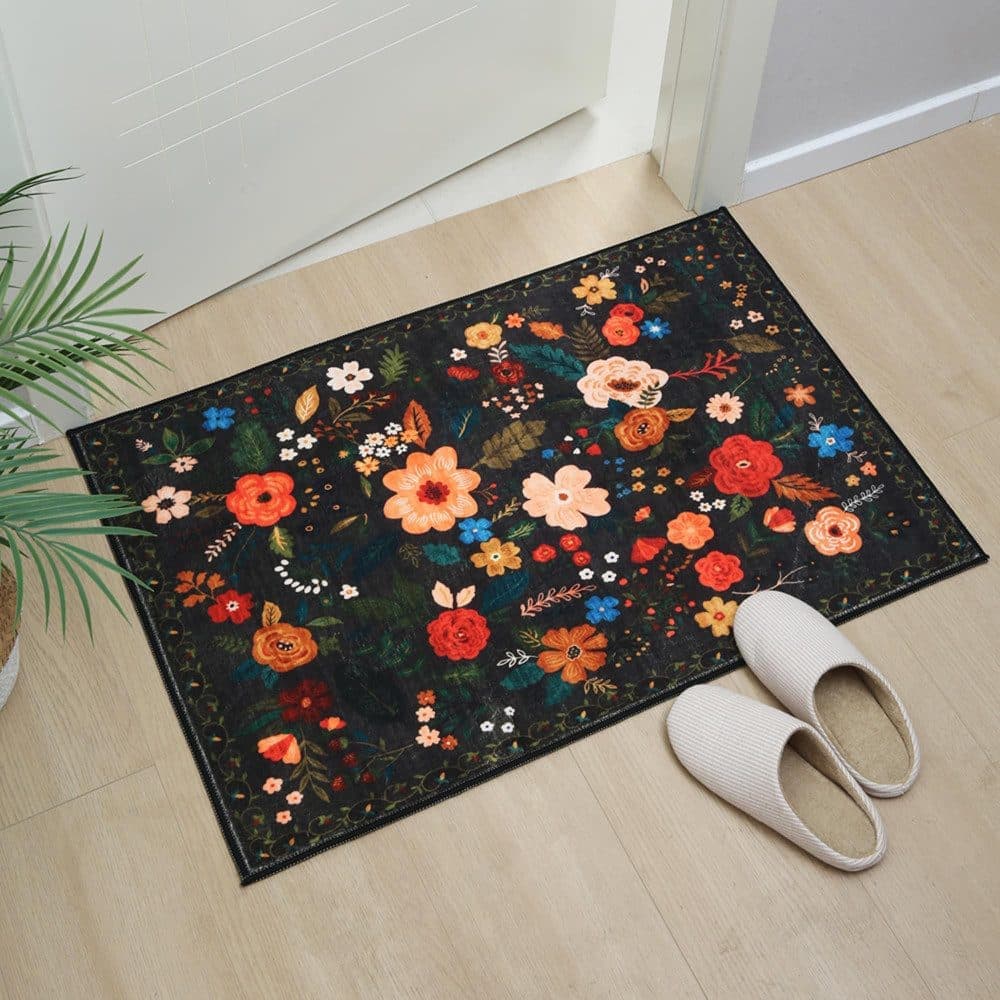 Bohemian Floral Doormat Non-slip Absorbent Dirt-Resistant Machine Washable for Bathroom Hallway and Kitchen, 40x60cm, Black