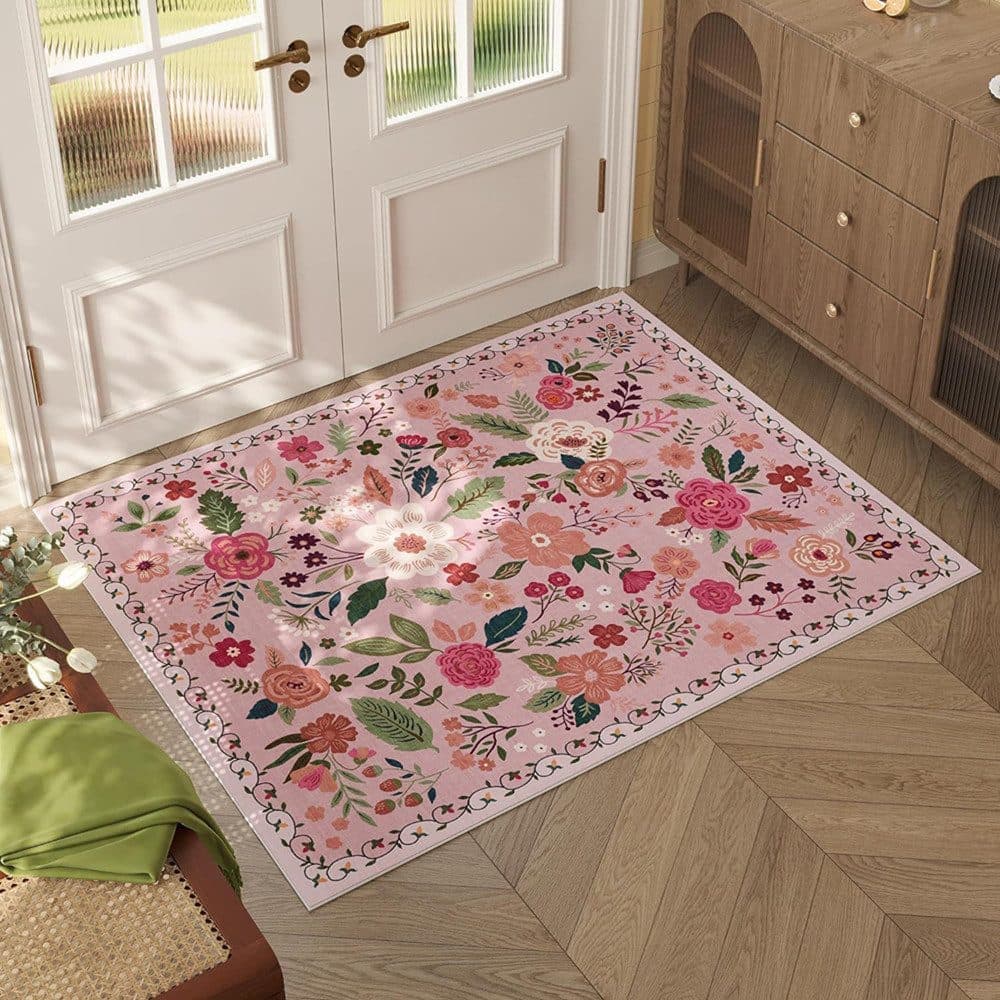 Non-Slip Bohemian Floral Doormat Absorbent Dirt-Resistant Machine Washable for Bathroom Hallway and Kitchen, 40x60cm, Pink