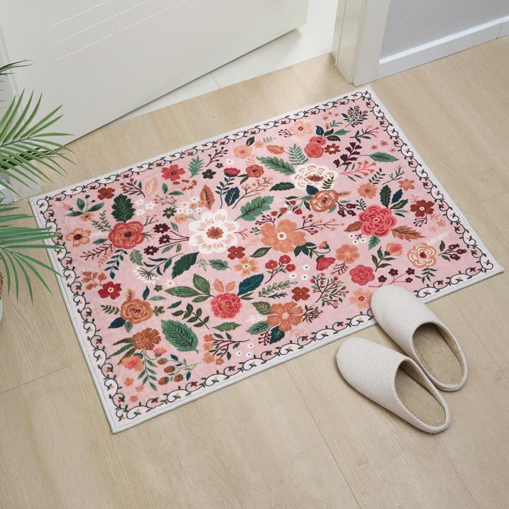 Non-Slip Bohemian Floral Doormat Absorbent Dirt-Resistant Machine Washable for Bathroom Hallway and Kitchen, 40x60cm, Pink