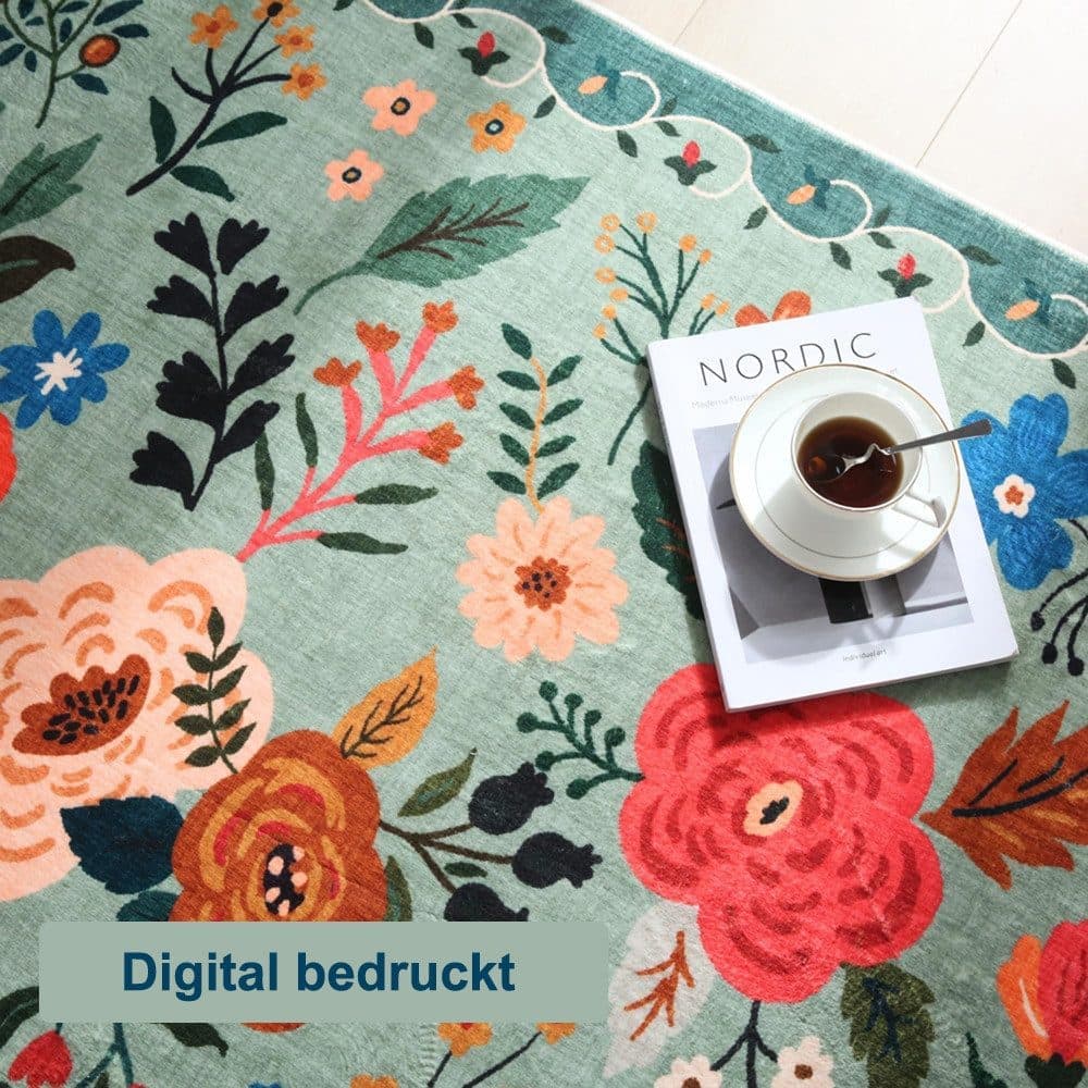 Bohemian Floral Doormat Non-slip Absorbent Dirt-Resistant Machine Washable for Bathroom Hallway and Kitchen, 40x60cm, Green