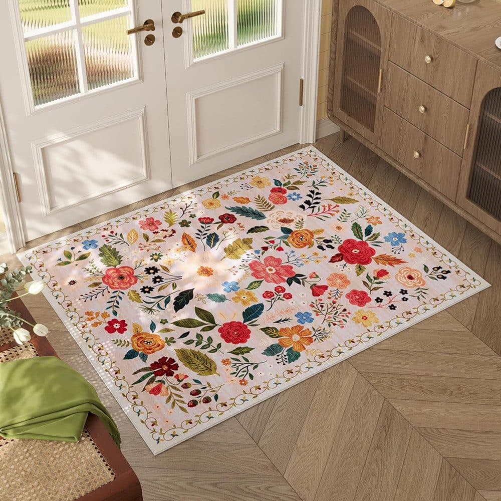 Bohemian Floral Doormat Non-slip Absorbent Dirt-Resistant Machine Washable for Bathroom Hallway and Kitchen, 50x80cm, Beige