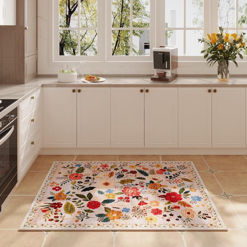Bohemian Floral Doormat Non-slip Absorbent Dirt-Resistant Machine Washable for Bathroom Hallway and Kitchen, 50x80cm, Beige