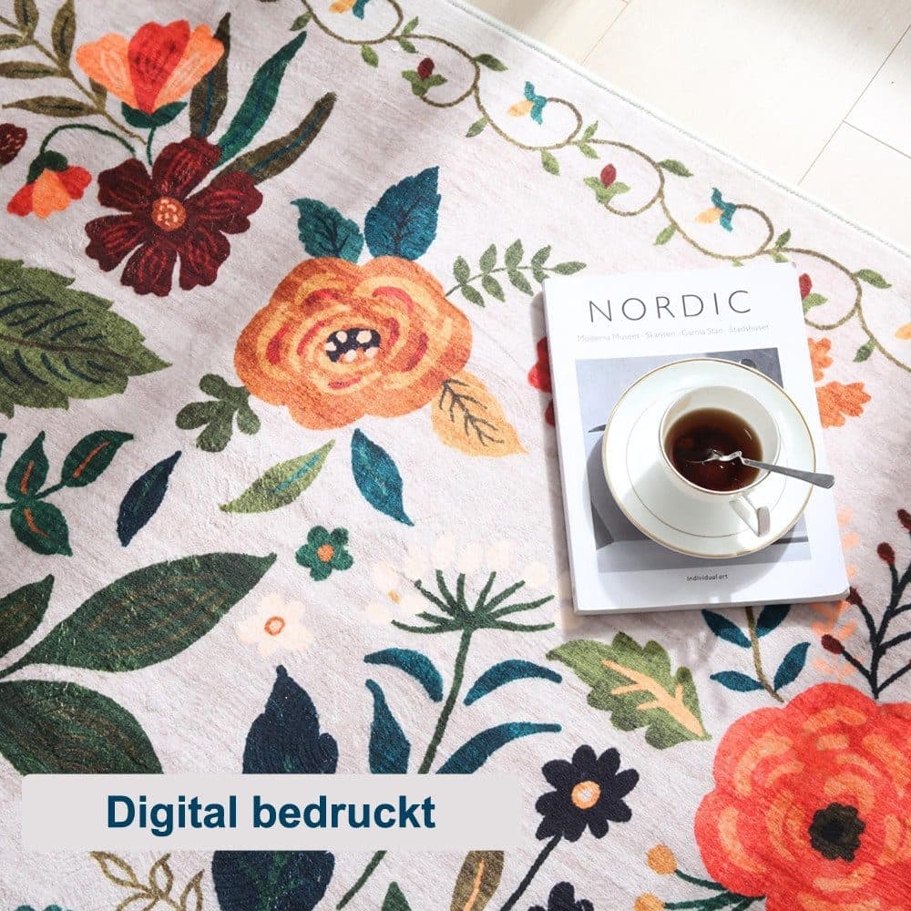 Bohemian Floral Doormat Non-slip Absorbent Dirt-Resistant Machine Washable for Bathroom Hallway and Kitchen, 50x80cm, Beige