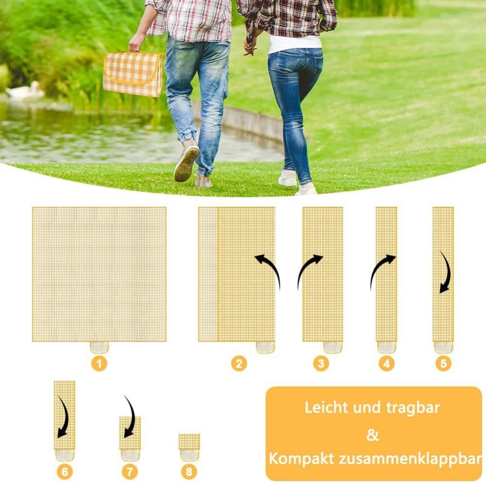 1 Waterproof Picnic Mat with Carrying Handle, Foldable for Camping Beach Park, Yellow, 150x200cm