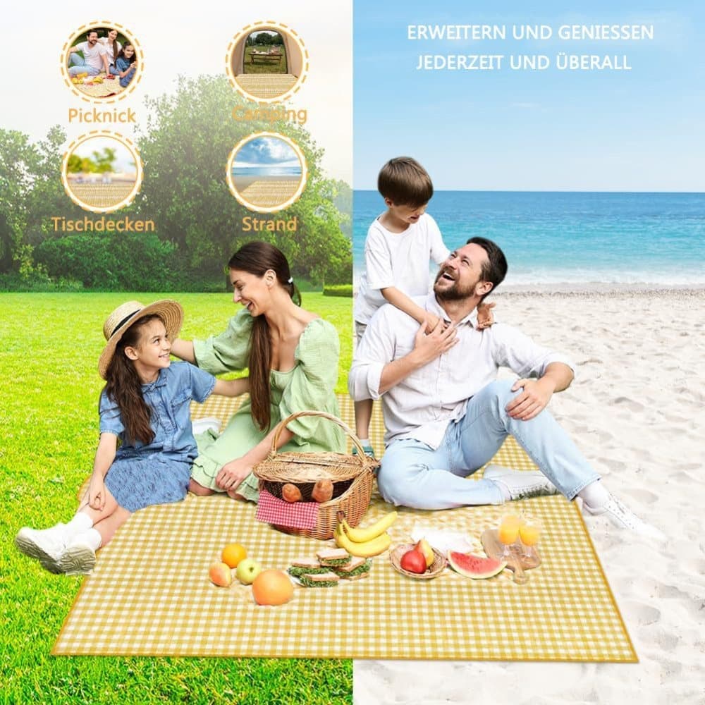 1 Waterproof Picnic Mat with Carrying Handle, Foldable for Camping Beach Park, Yellow, 150x200cm