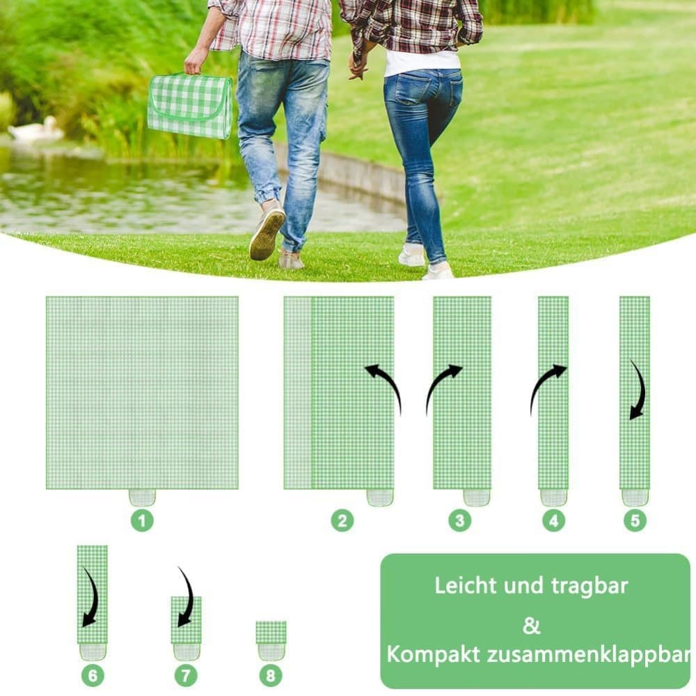 Waterproof Picnic Mat Foldable with Carrying Handle for Camping Beach Park Outdoor Activities, 200x200cm, Green