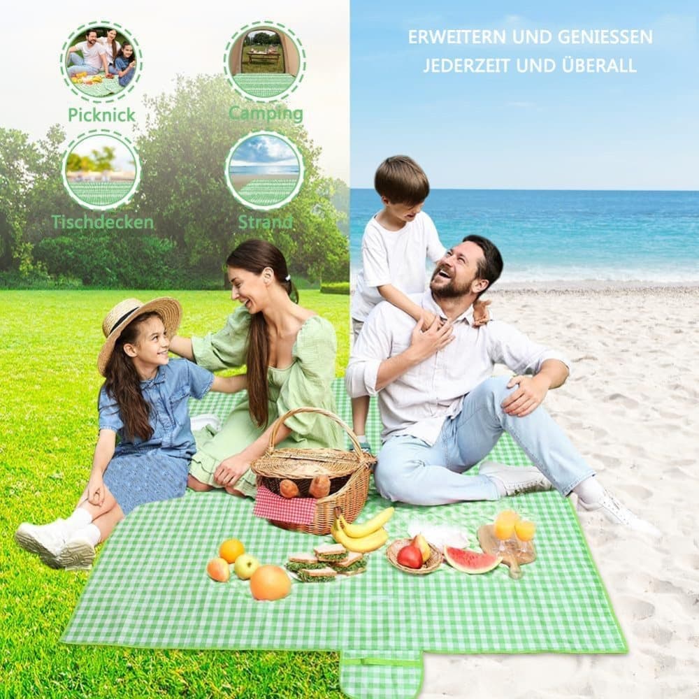 Waterproof Picnic Mat Foldable with Carrying Handle for Camping Beach Park Outdoor Activities, 200x200cm, Green