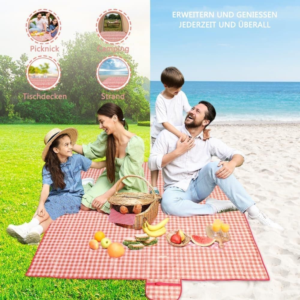 Waterproof Picnic Mat 200x200cm, Foldable with Carrying Handle, Durable for Camping Beach Park Outdoor Activities, Pink