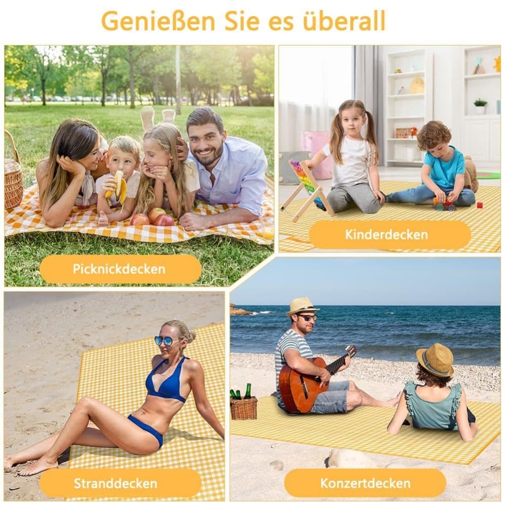 2-Pack Waterproof Picnic Mat Foldable with Carrying Handle for Camping Beach Park Outdoor Activities, 150x200cm, Yellow