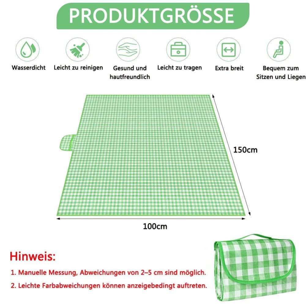 Waterproof Picnic Mat Foldable with Carrying Handle, Durable for Camping Beach Park Outdoor, 100x150cm, Green